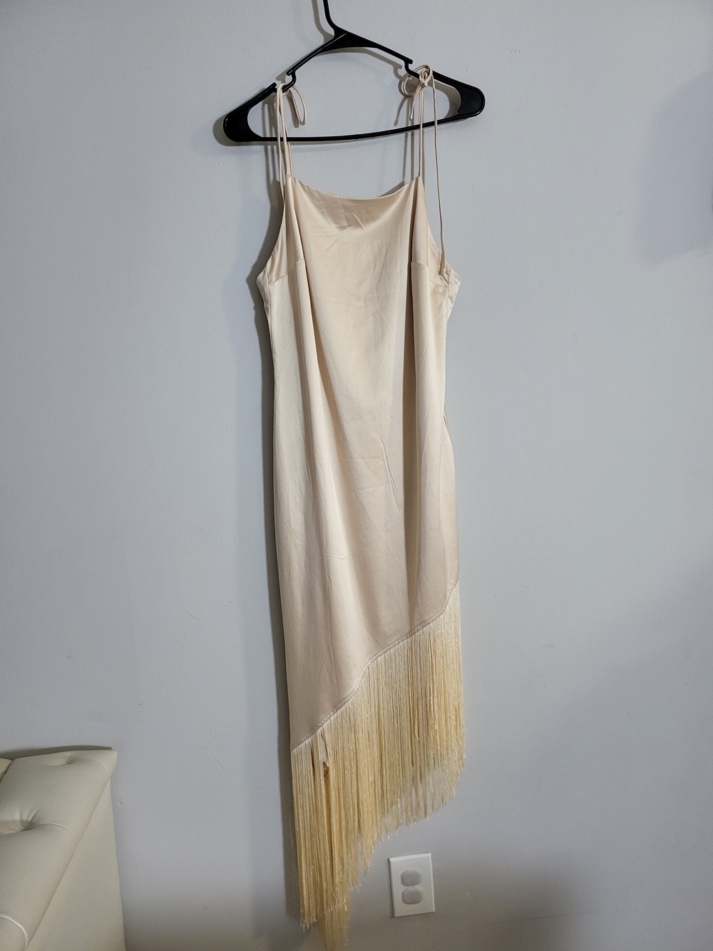 Lulu's Cream Asymmetrical Fringe Slip Dress with Tie Straps